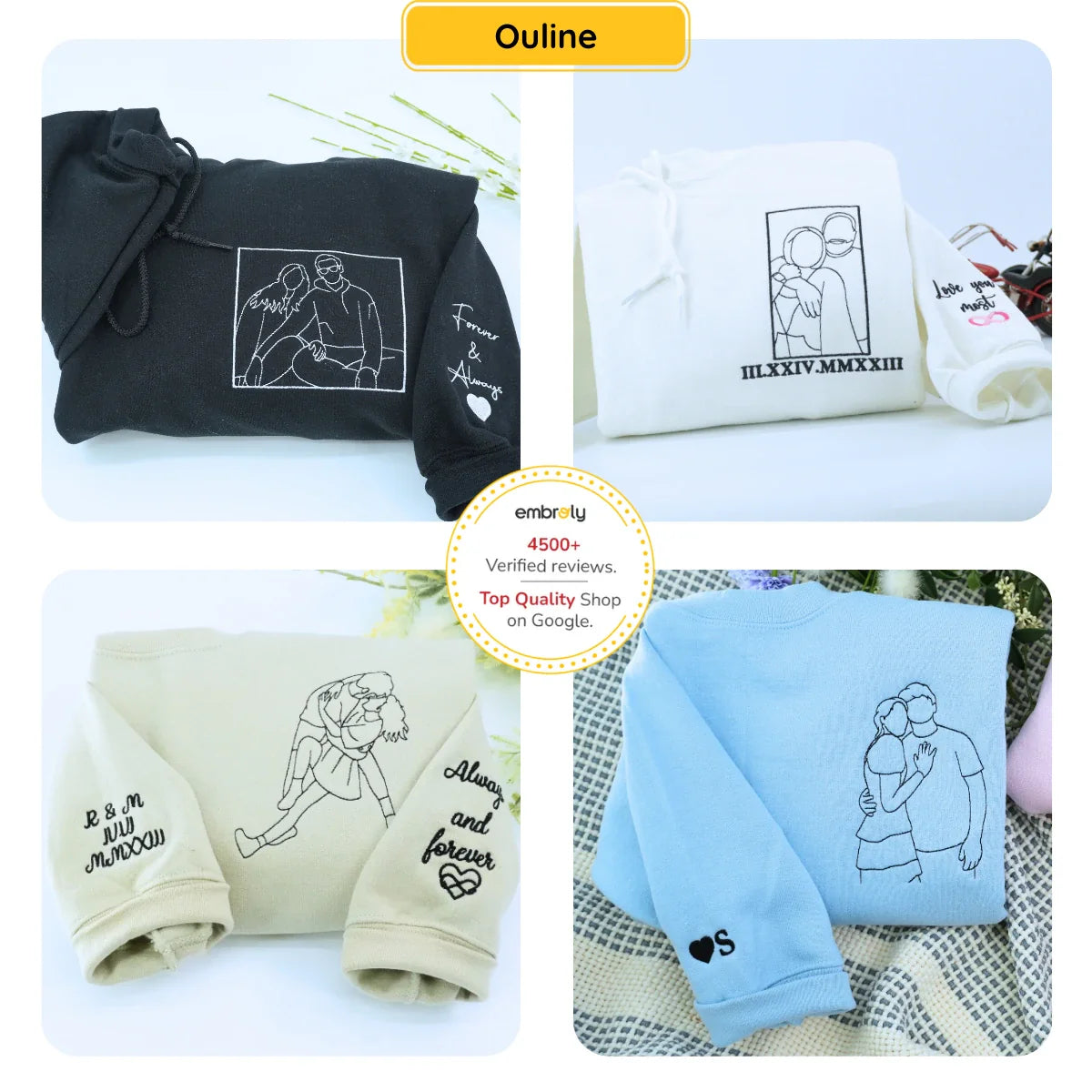 Couple Outline Sweatshirt and Hoodie, Embroidered Gift for Boyfriend Girlfriend