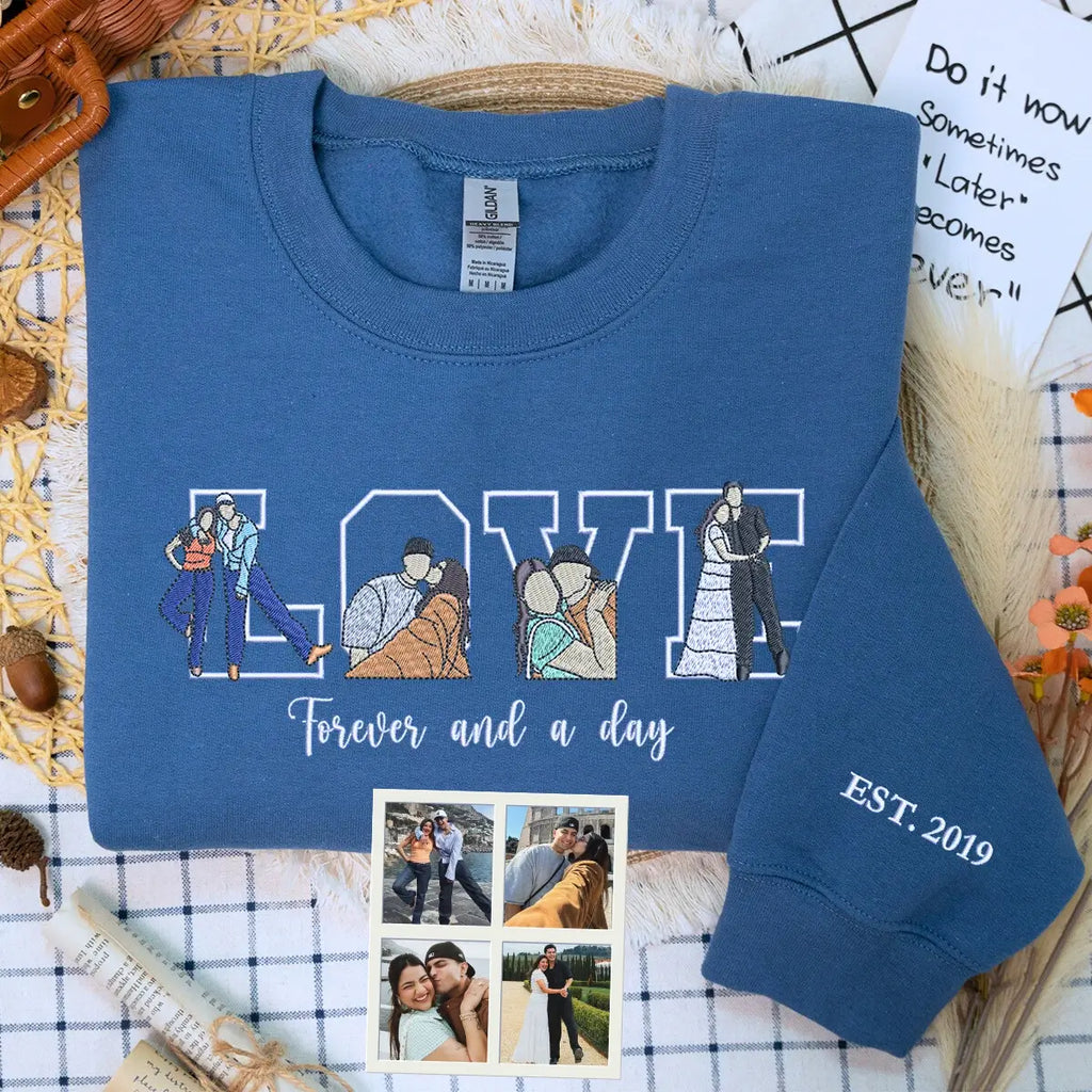 Custom embroidered couple photo sweatshirt in soft cotton fabric – romantic keepsake gift.