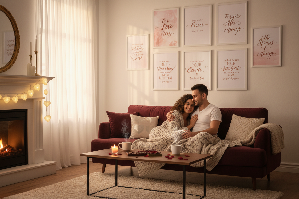 A cozy Valentine’s Day living room scene with personalized wall posters and canvas prints hanging on the wall. Romantic quotes and custom names visible in elegant typography. A couple relaxing together on the sofa, warm lighting, intimate and emotional mood. Cinematic lifestyle photography, realistic expressions, premium home decor aesthetic, no text, no watermark