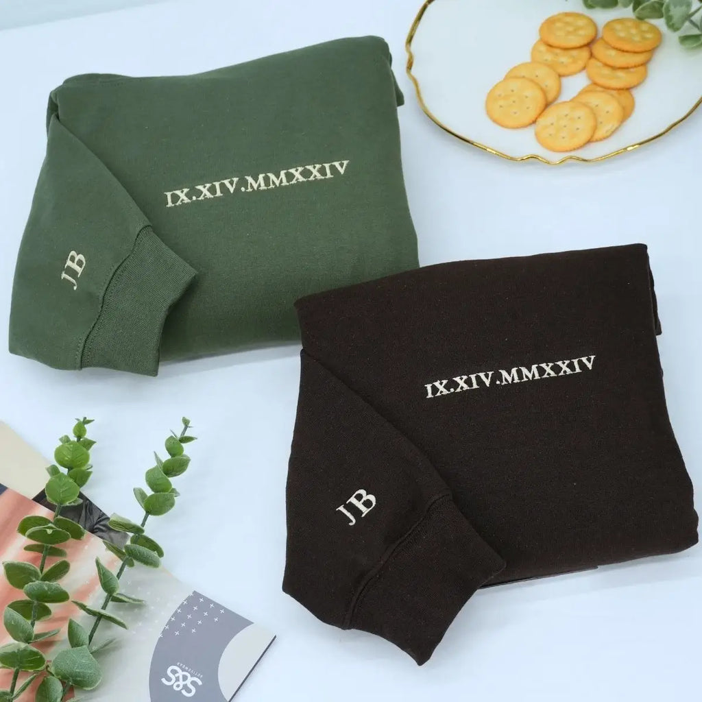 Custom embroidered hoodie with Roman numeral date on chest, minimalist design, perfect anniversary or birthday gift