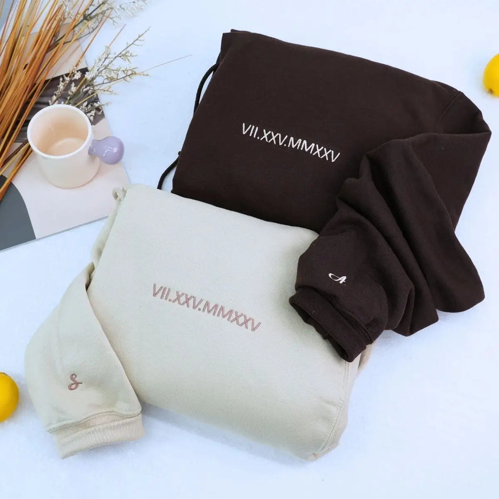 Custom embroidered hoodie with Roman numeral date on chest, minimalist design, perfect anniversary or birthday gift