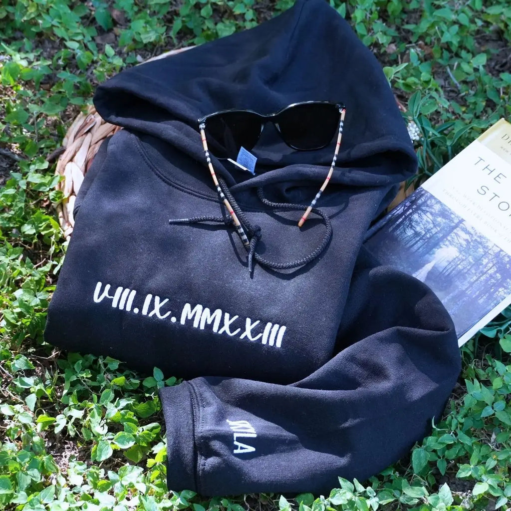 Custom embroidered hoodie with Roman numeral date on chest, minimalist design, perfect anniversary or birthday gift