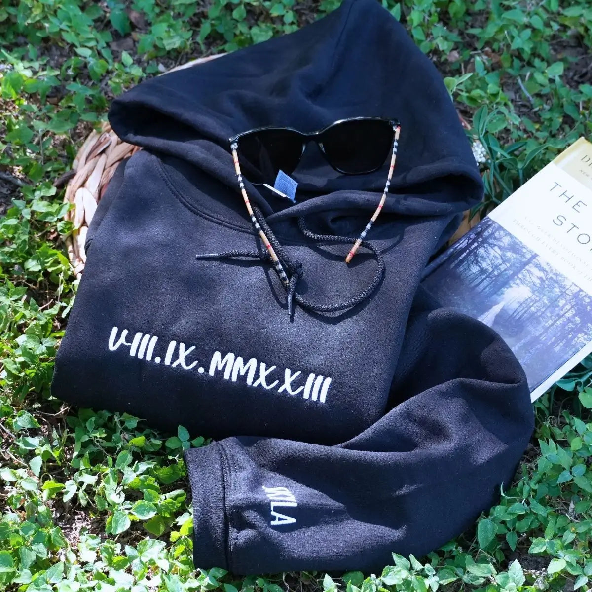 Custom embroidered hoodie with Roman numeral date on chest, minimalist design, perfect anniversary or birthday gift